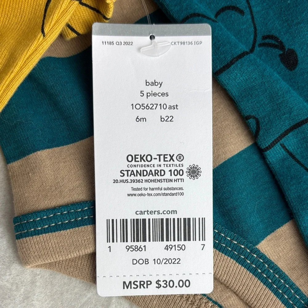 NWT 5 Piece Carter's Bodysuits Onesies Set - Teal, Blue, Mustard Koala Cow Pig